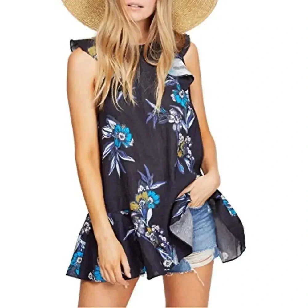 Free People Summer in Tulum Linen Blend Floral Tunic Top